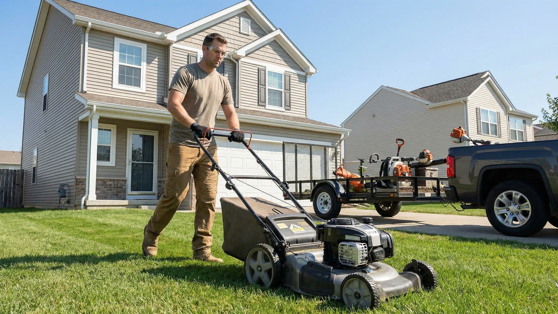 Lawn care professional mowing a residential yard